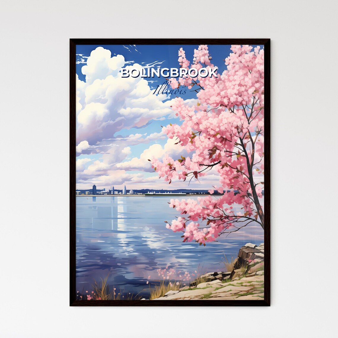 Bolingbrook Illinois Lakeside Cherry Blossom Skyline View Poster