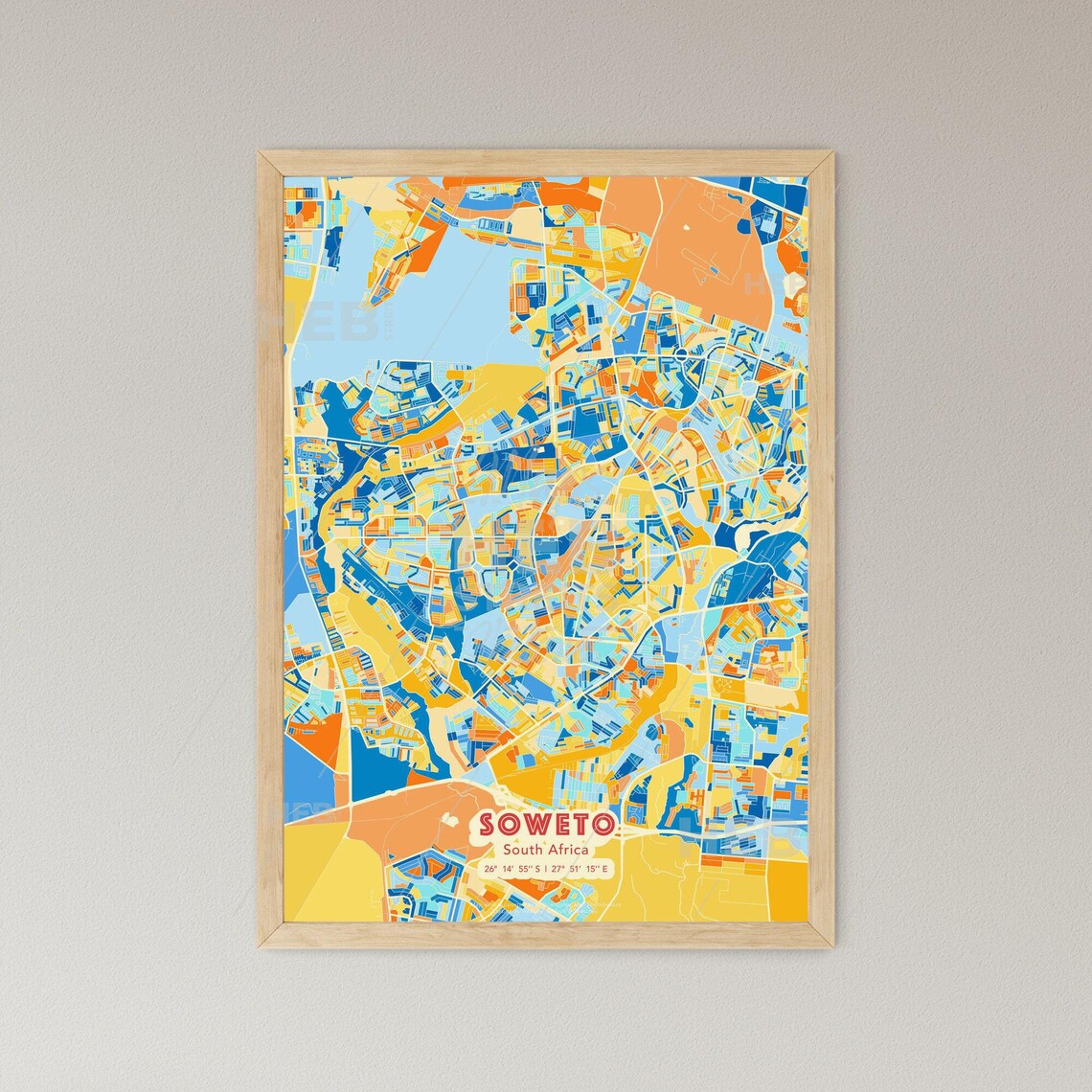 Soweto South Africa Blue Orange Abstract City Map Fine Art Poster - Image 3