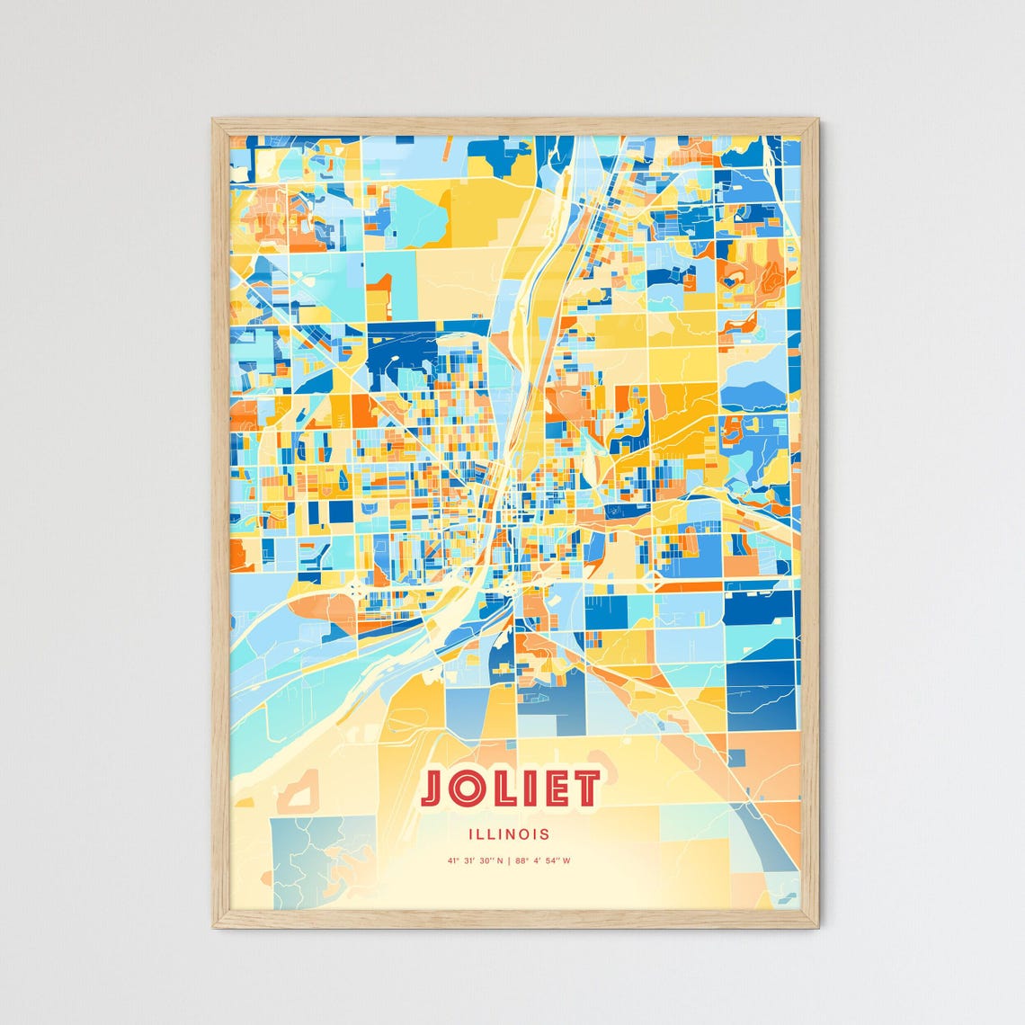 Joliet Illinois Blue Orange City Map With Coordinates Poster