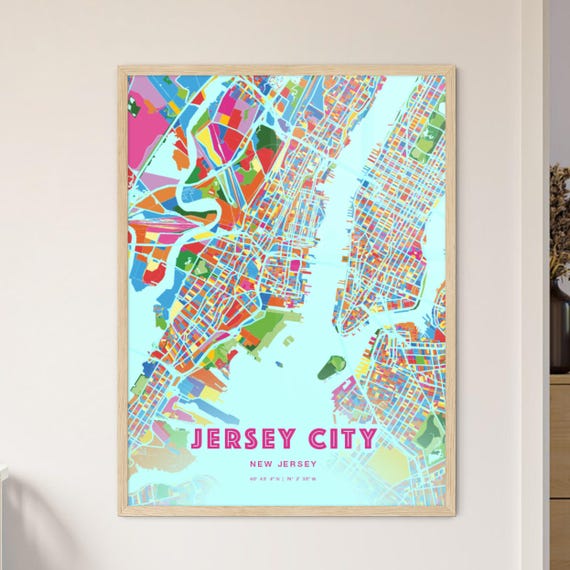 Jersey City Nj Crazy Colorful Art Map Customizable Poster Print Unique Wall Decor Personalized Gift