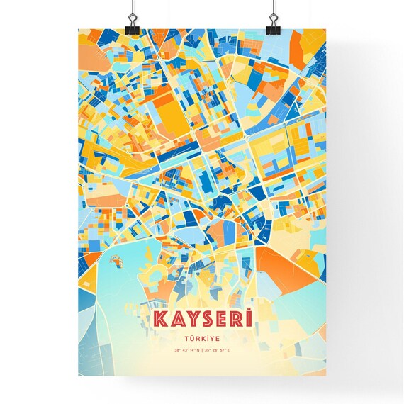 Bold Blue Orange Street Map Art Poster of Kayseri Turkey City