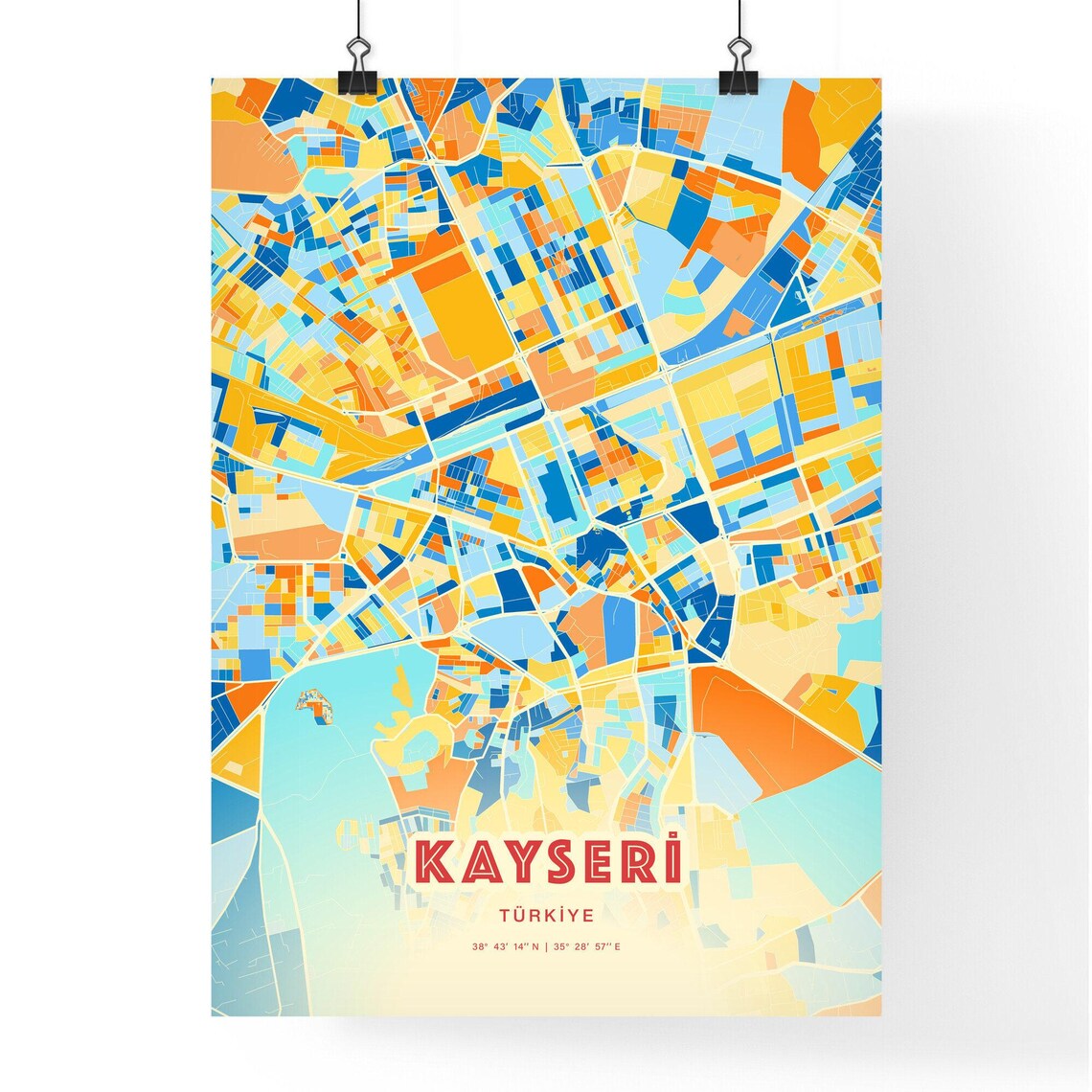 Bold Blue Orange Street Map Art Poster of Kayseri Turkey City