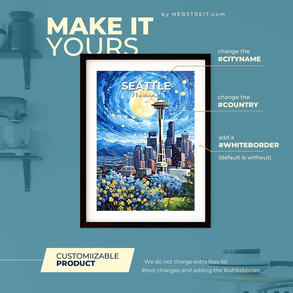 Seattle Washington Space Needle Starry Night Vintage Travel Poster - Image 2