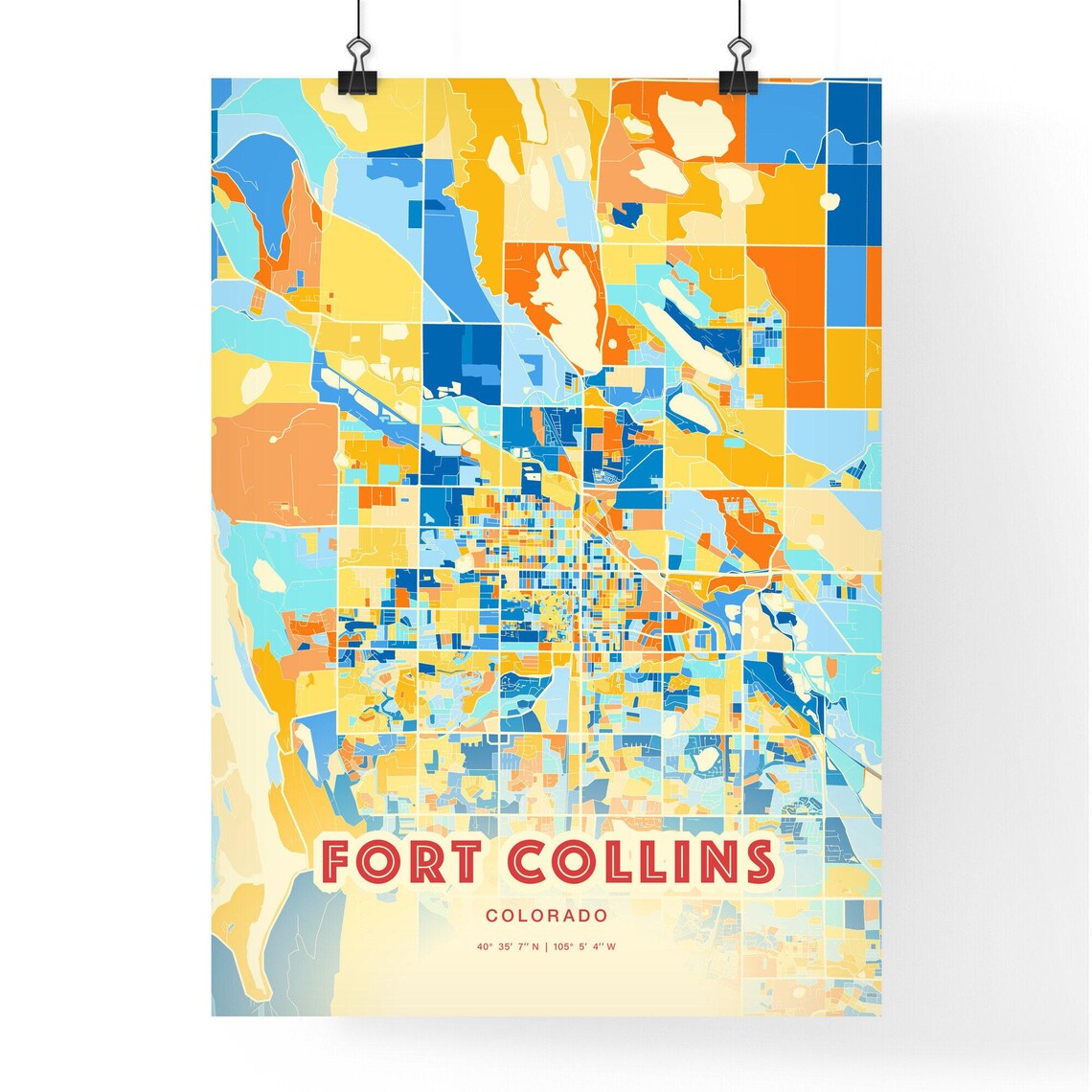 Fort Collins Colorado Colorful Blue and Orange City Map Art Poster - Image 3