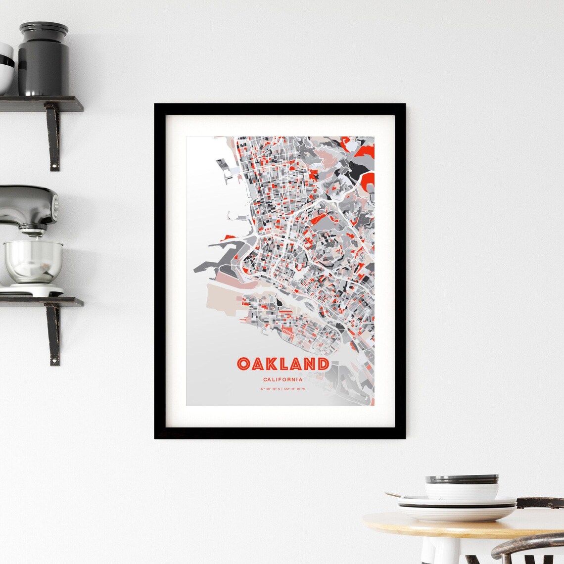 Oakland California Expressive Red and Black City Map Artwork Poster - Image 2