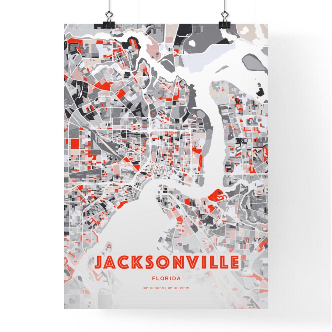 Jacksonville Florida Red and Grey Expressive City Map Art Poster - Image 3