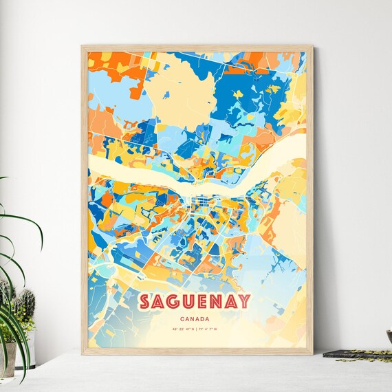 Saguenay Quebec Canada Colorful Blue Orange City Map Art Poster