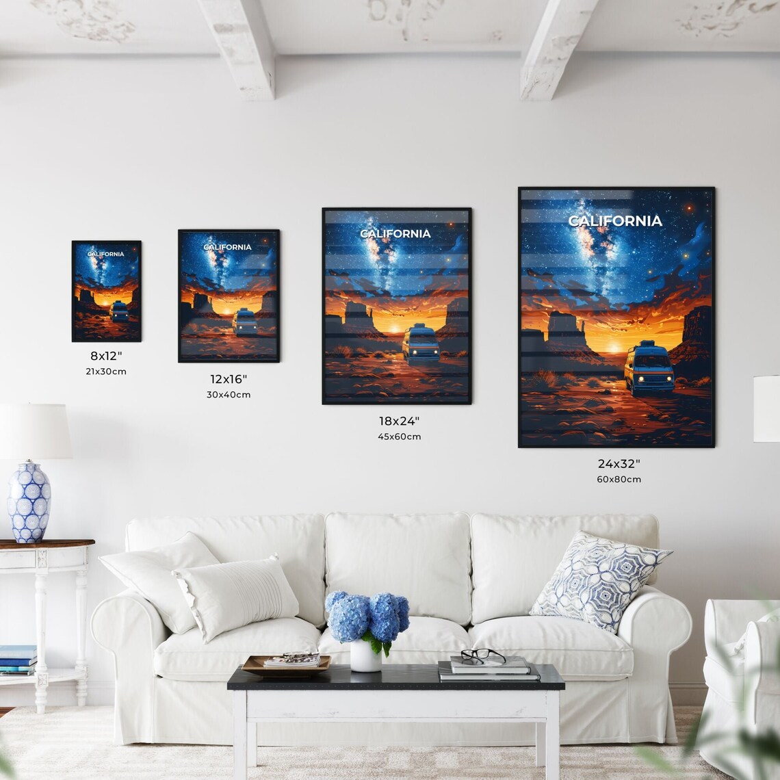 California Desert Sunset Camper Van Milky Way Night Art Poster - Image 3