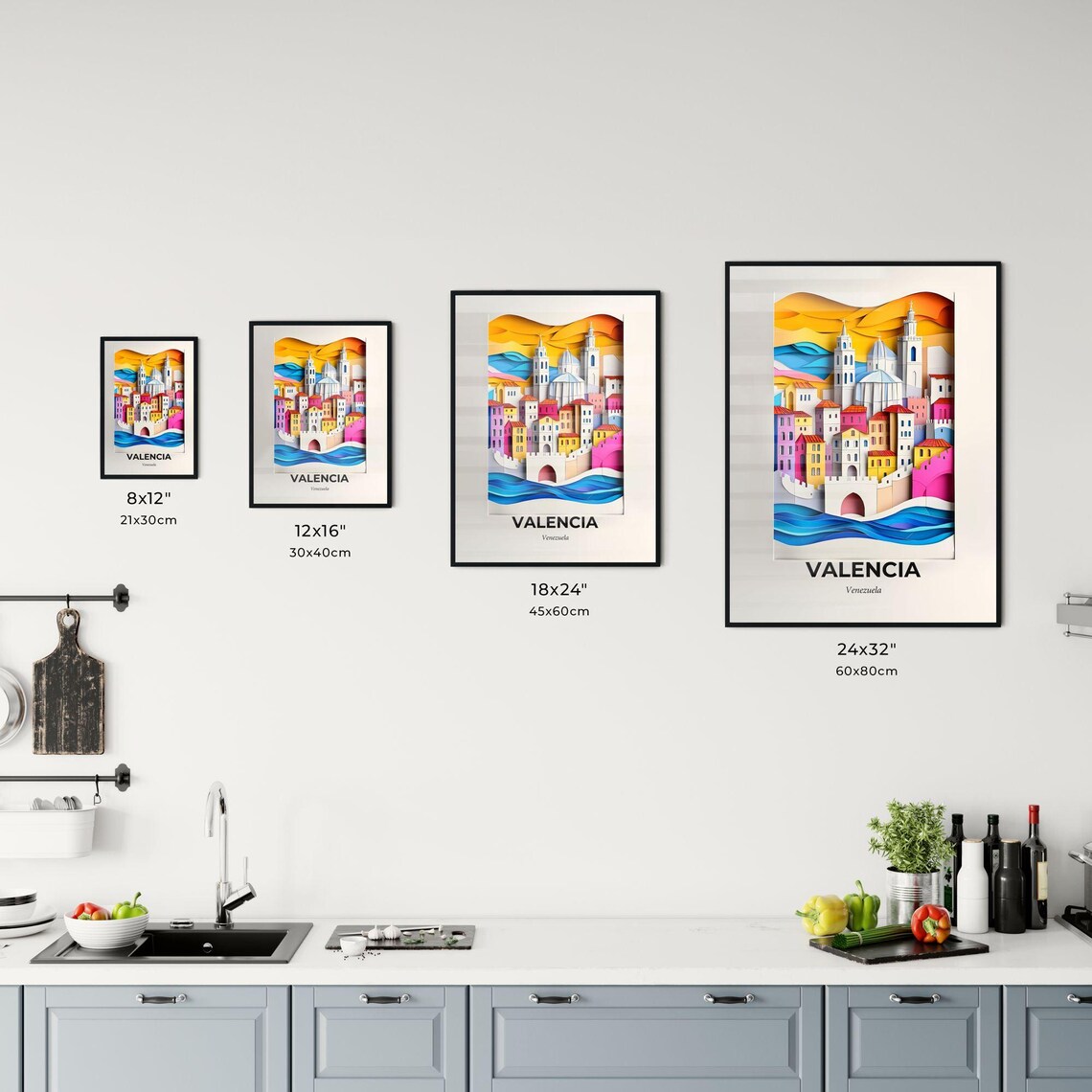 Valencia Venezuela Colorful Paper Cut City Skyline Travel Poster - Image 3