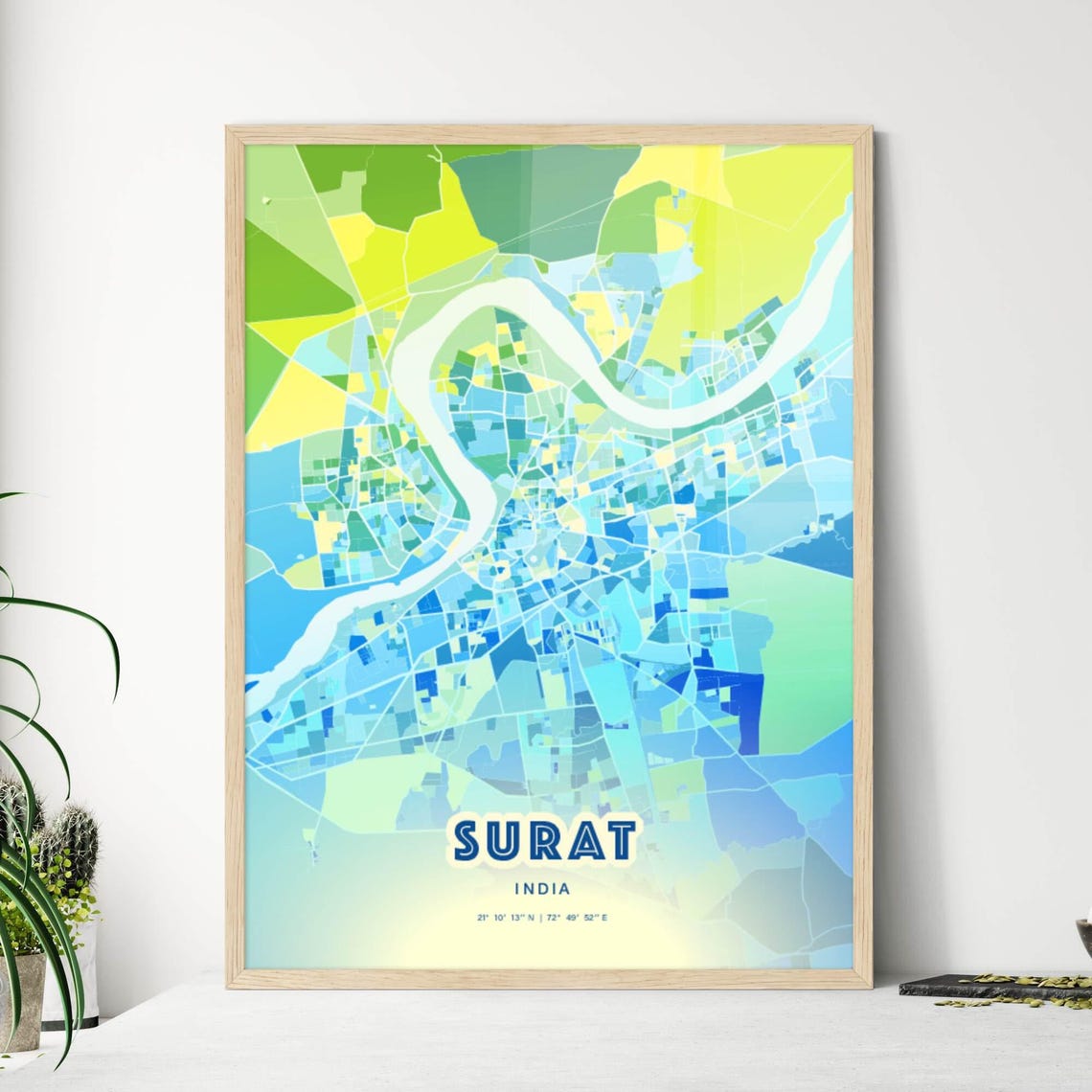 Surat India Pastel Blue City Map Art with Coordinates Poster