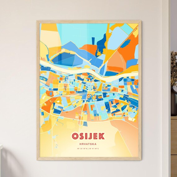 Osijek Croatia Colorful City Map Poster Blue Orange Modern Wall Decor