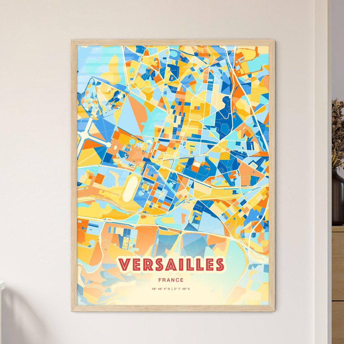 Versailles France Colorful Blue Orange Map Art Poster Wall Decor