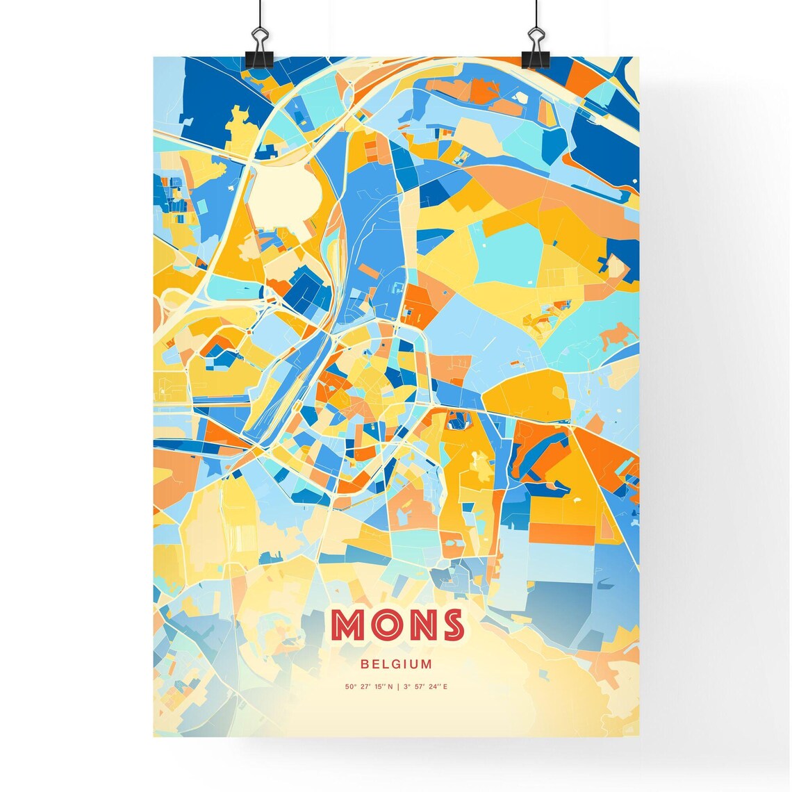 Mons Belgium Blue Orange Colorful City Map Art Poster With Coordinates - Image 3