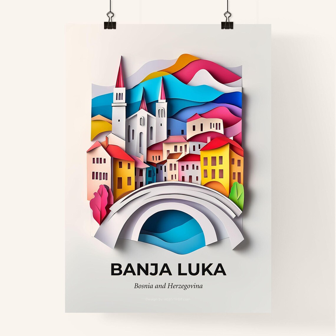 Banja Luka Bosnia Church Bridge Colorful Paper Cut Art Poster - Image 4