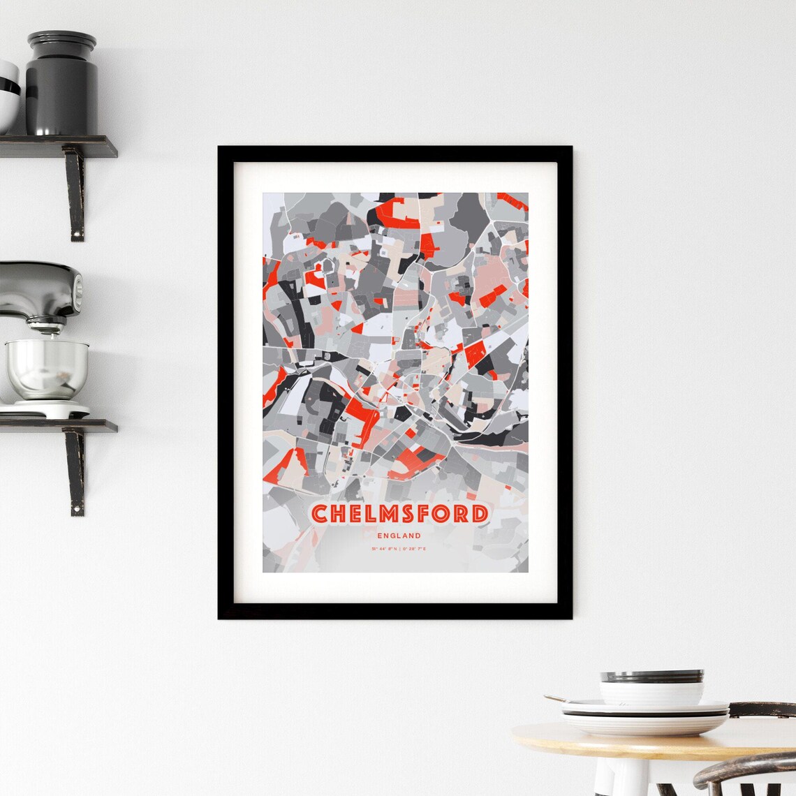 Chelmsford England Modern Red Expressive City Map Poster with Coordinates - Image 3