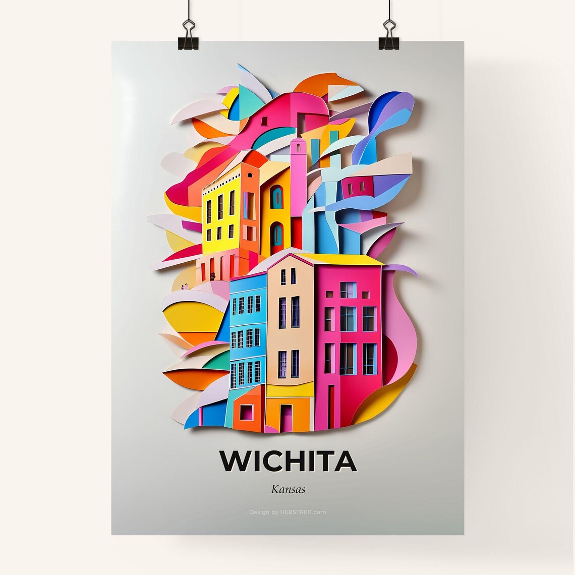 Wichita Kansas Colorful Paper Cut City Buildings Travel Poster Art - Image 4