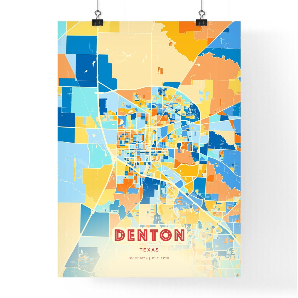 Denton Texas Colorful Blue and Orange City Street Map Poster - Image 3