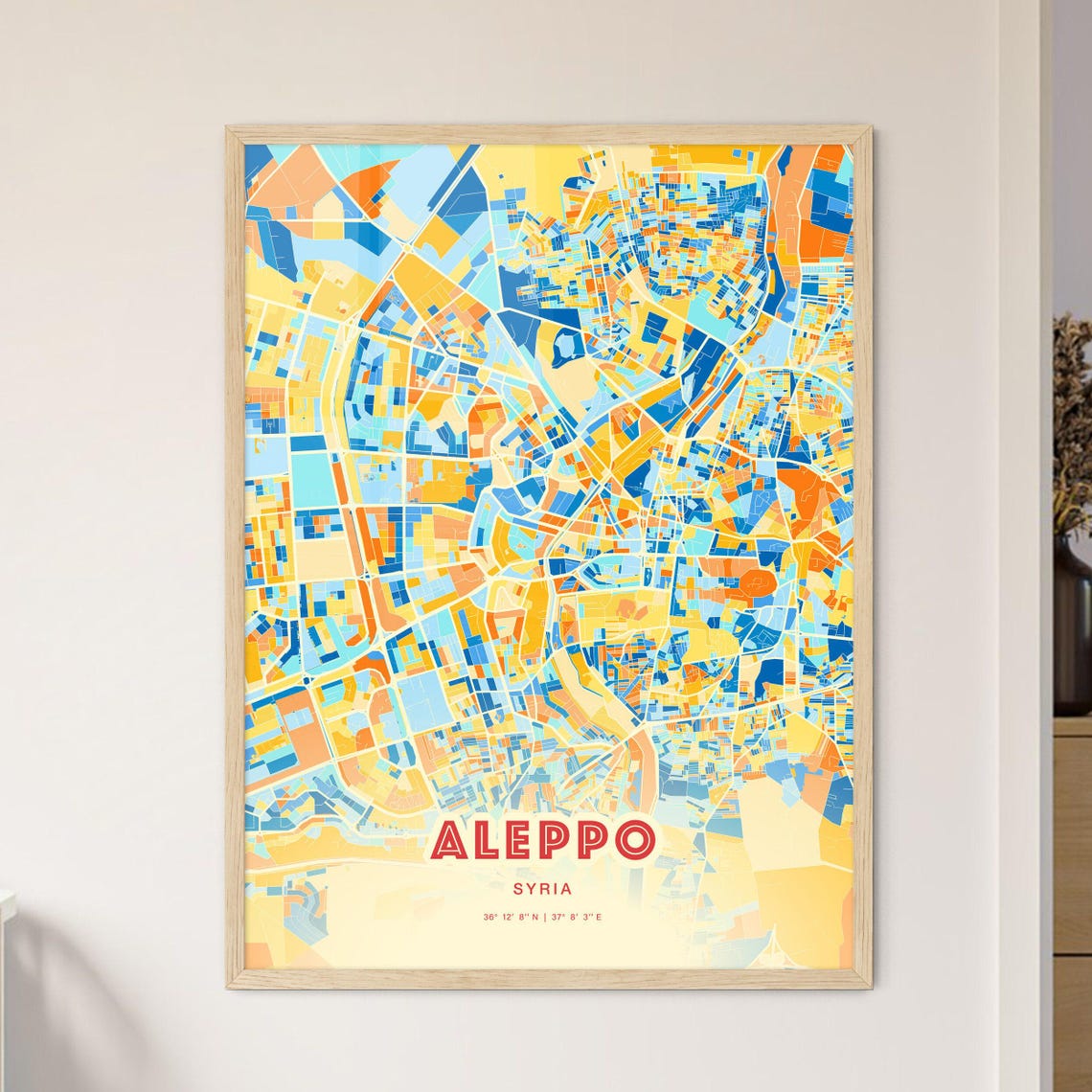 Aleppo Syria Elegant Pastel Blue and Orange Fine Art Map Print
