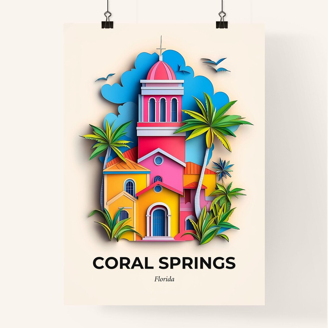 Coral Springs Florida Pink Church Palms Paper Cut Art Poster - Image 4