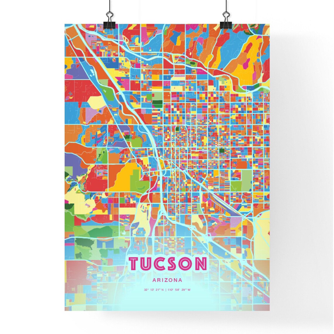 Tucson Arizona Vibrant Crazy Colorful Mosaic City Map Poster - Image 3