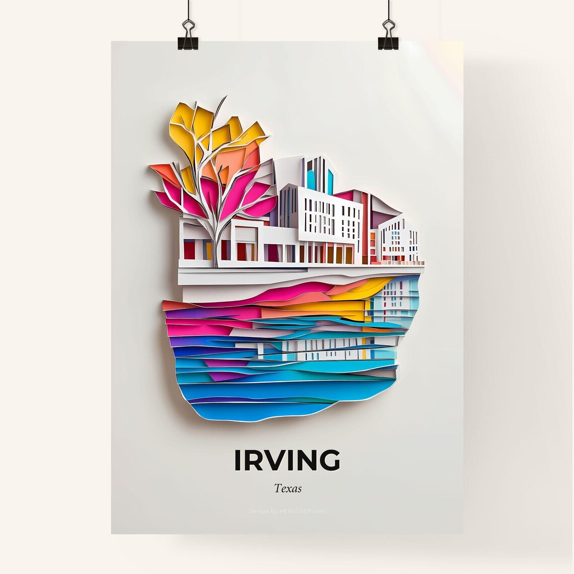 Irving Texas Colorful Paper Cut Building and Tree Scene Poster - Image 4