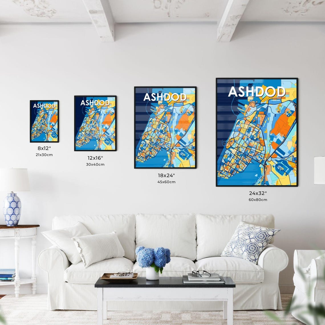 Ashdod Israel Stylish Vibrant Blue and Orange Mosaic City Map Poster - Image 3