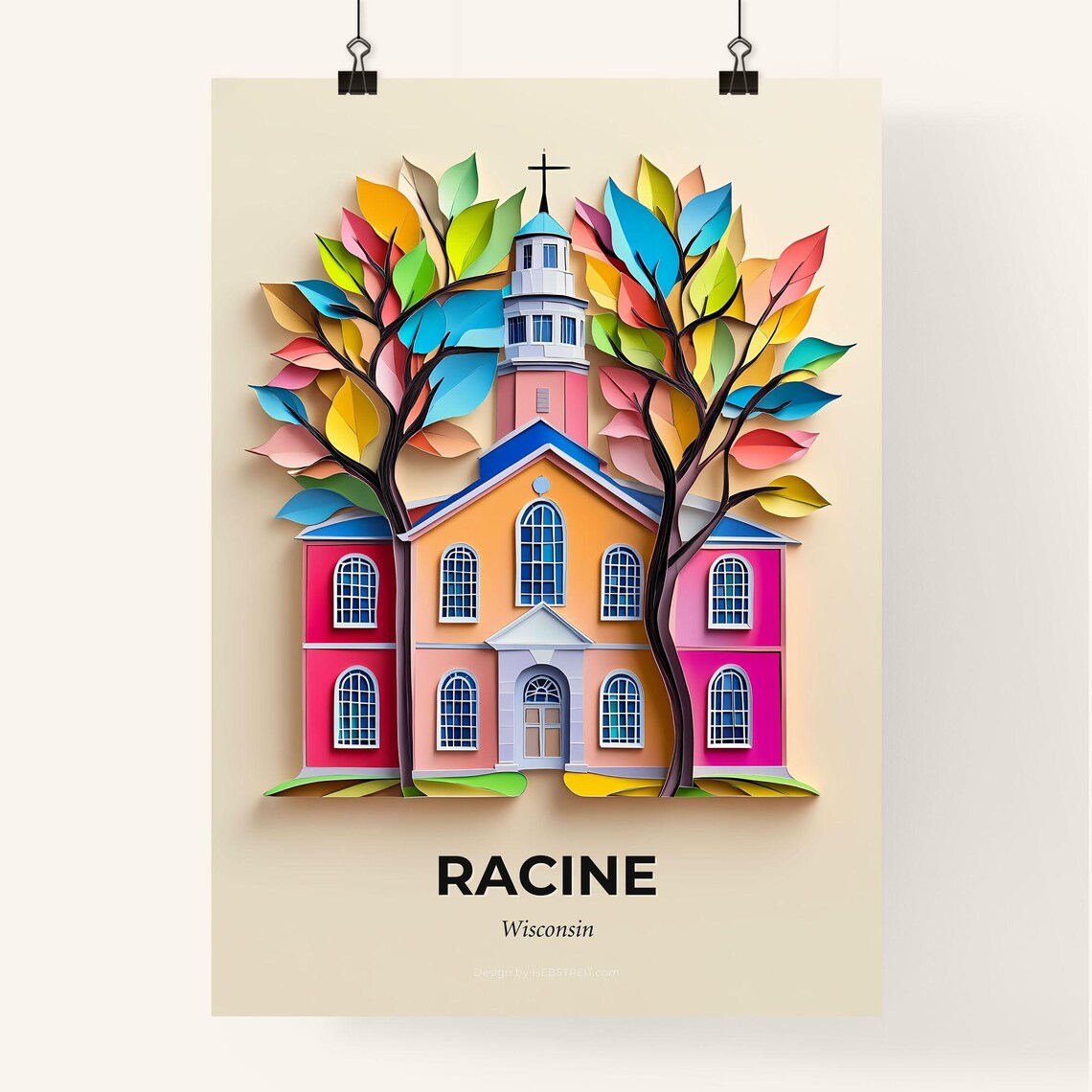 Racine Wisconsin Colorful Paper Cut Church Rainbow Trees Poster - Image 4