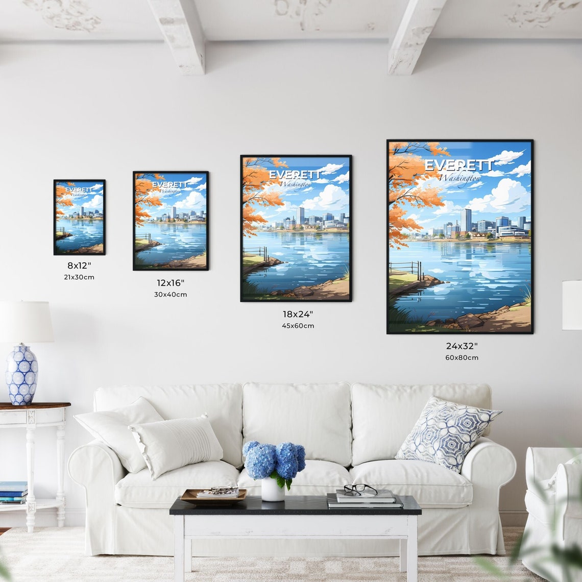 Everett Washington Autumn Waterfront Skyline Reflection Poster - Image 3