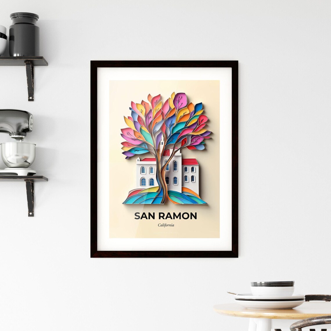 San Ramon California Colorful Paper Cut Tree House Travel Poster - Image 2