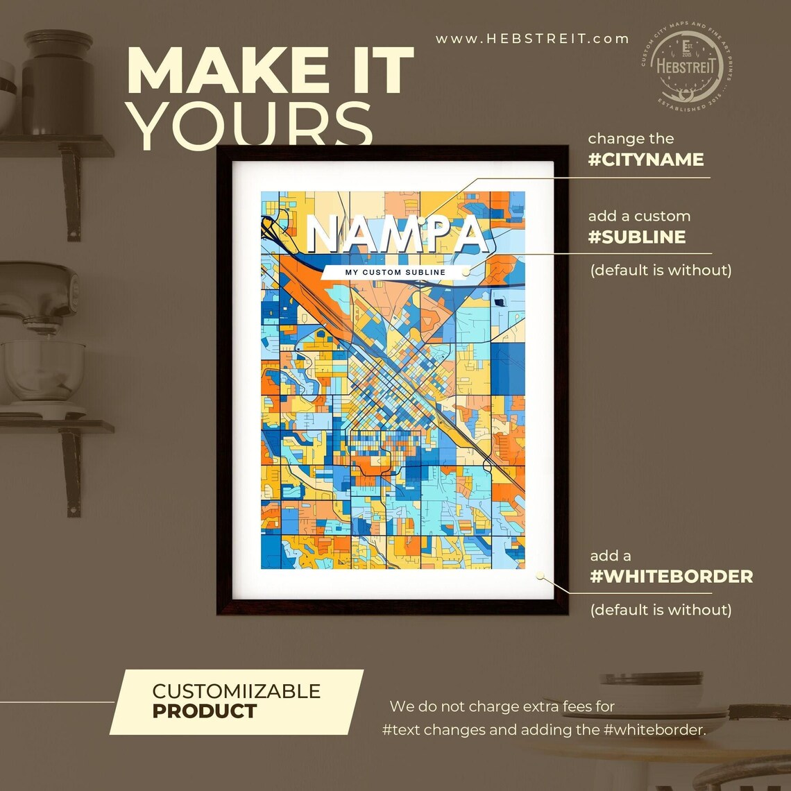 Nampa Idaho Vibrant Stylized Blue and Orange City Map Poster - Image 2