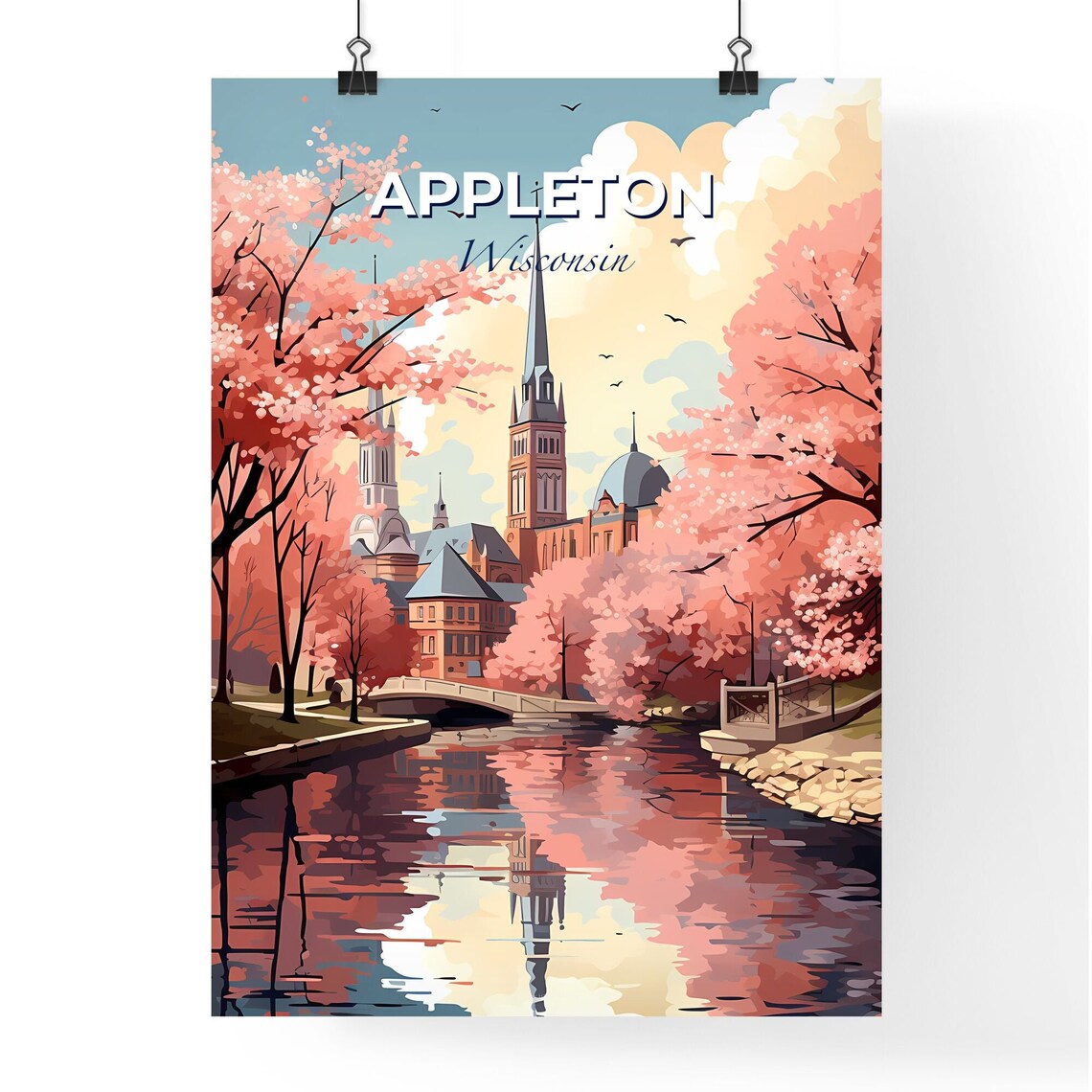 Appleton Wisconsin Cherry Blossom River Church Spires Art Poster - Image 4