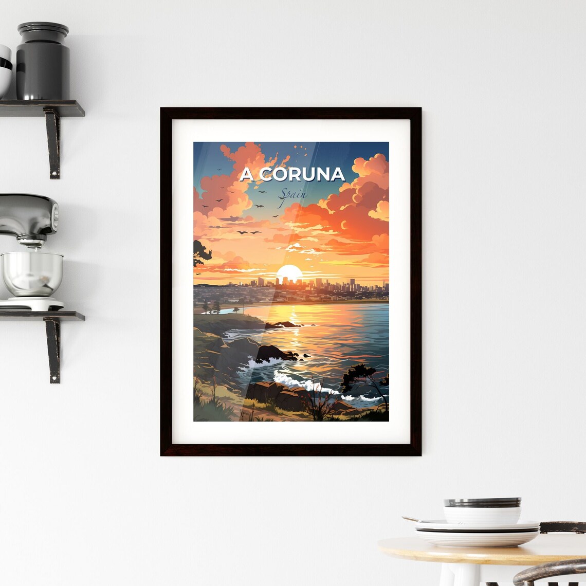 A Coruna Spain Sunset Coast City Skyline Ocean Travel Poster - Image 2