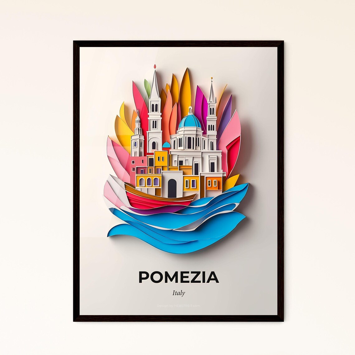 Pomezia Italy Colorful Paper Cut Blue Dome Church Travel Poster