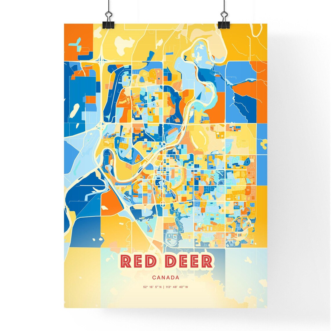 Abstract Red Deer Canada Modern Colorful City Street Map Art Poster