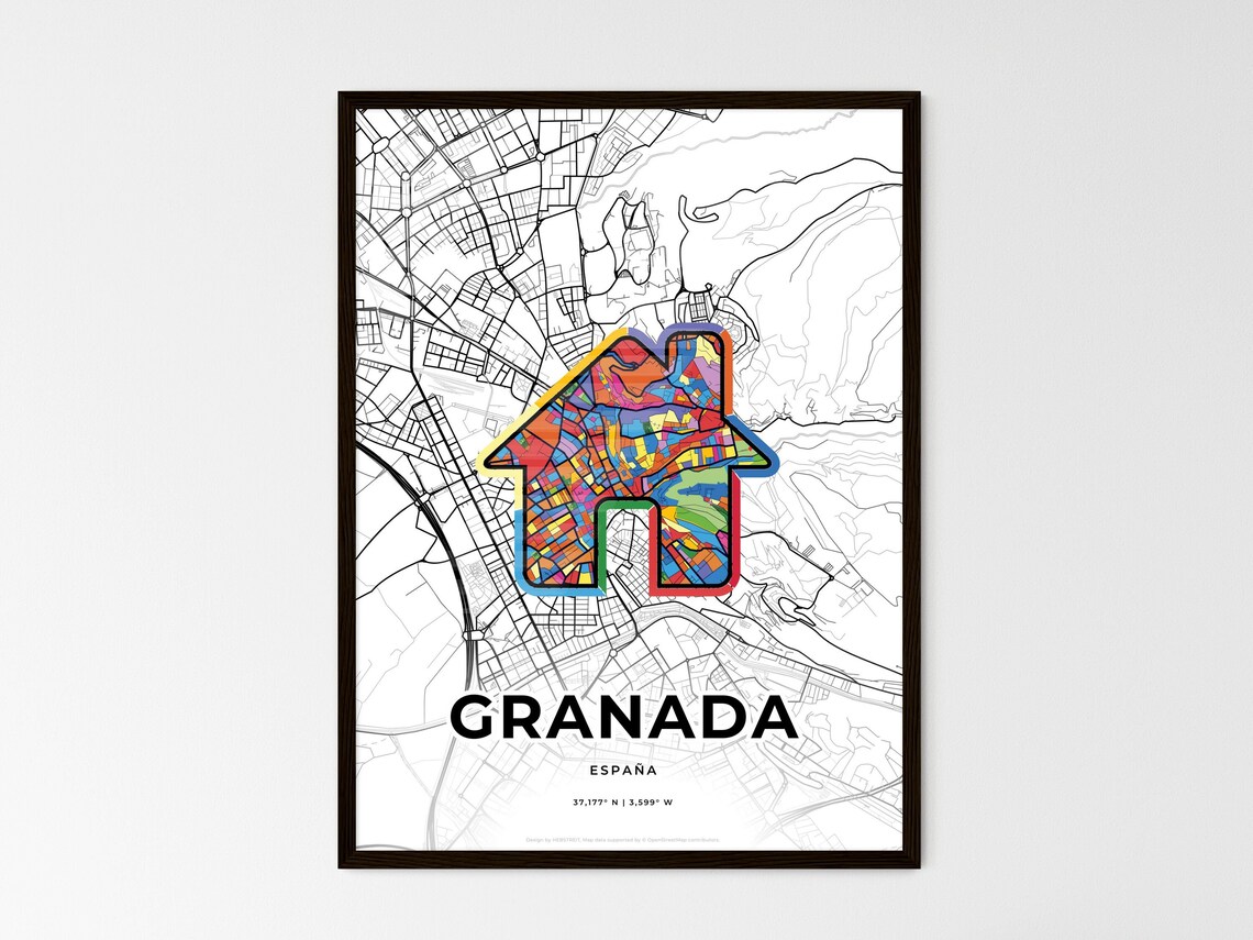 Granada Spain Heart Map Line Art Poster Hometown Love Gift Decor - Image 3