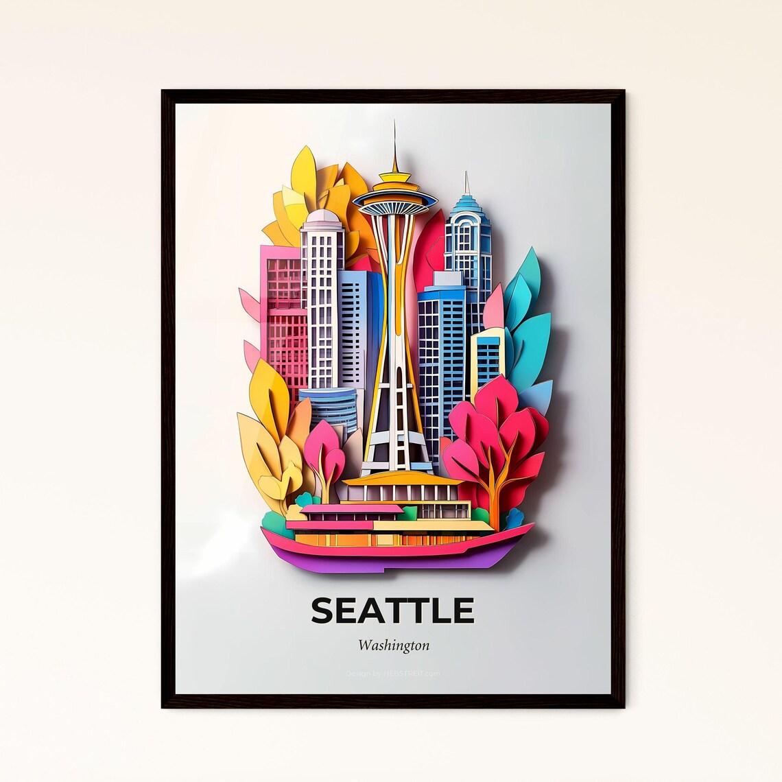 Seattle Washington Space Needle Skyline Paper Cut Art Poster