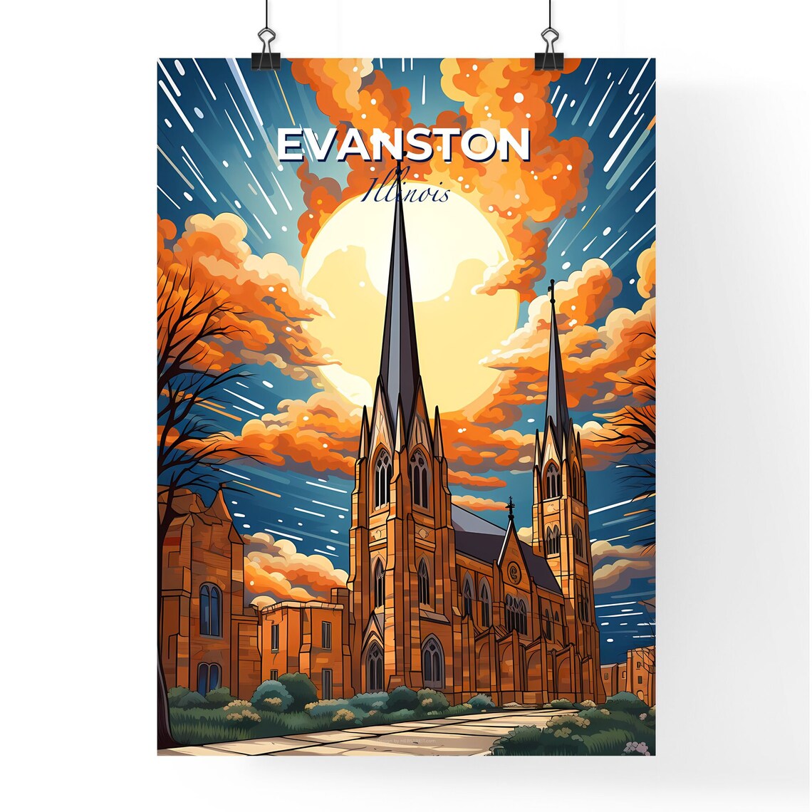 Evanston Illinois Gothic Church Under Fiery Orange Clouds Poster - Image 4
