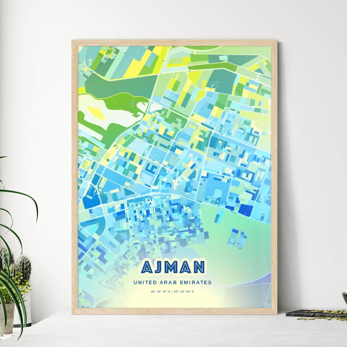 Ajman United Arab Emirates Minimalist Bluish Street Map City Art Decor Poster
