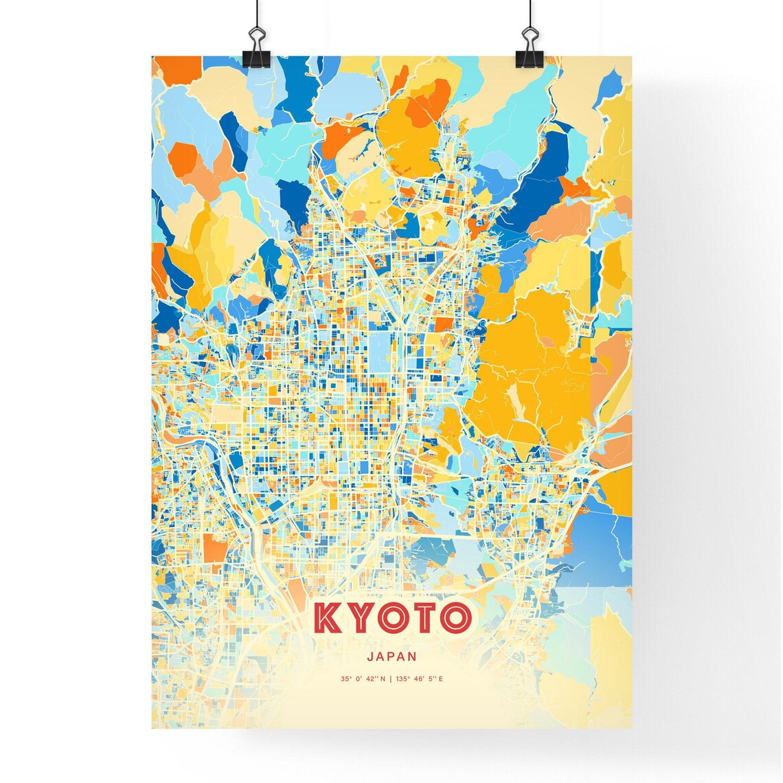 Kyoto Japan Colorful City Map Poster Blue Orange Iconic Travel Wall Decor - Image 3