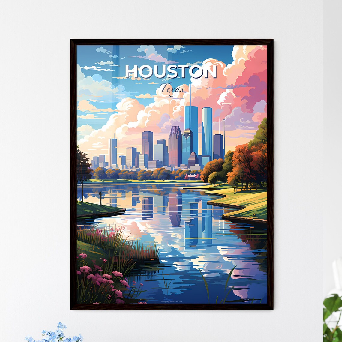Houston Texas Downtown Skyline Lake Sunset Glow Travel Poster