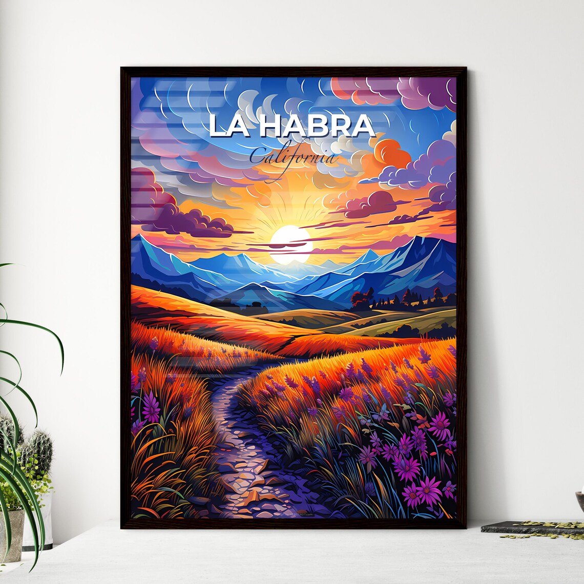 La Habra California Sunset Mountain Travel Poster Wildflower Art