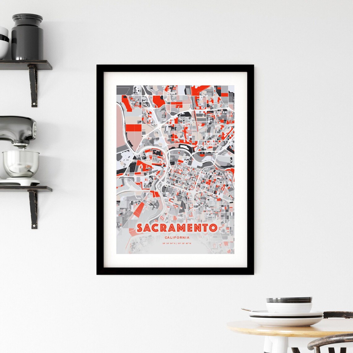 Sacramento California Modern Red Gray Expressive City Map Poster Customizable - Image 2