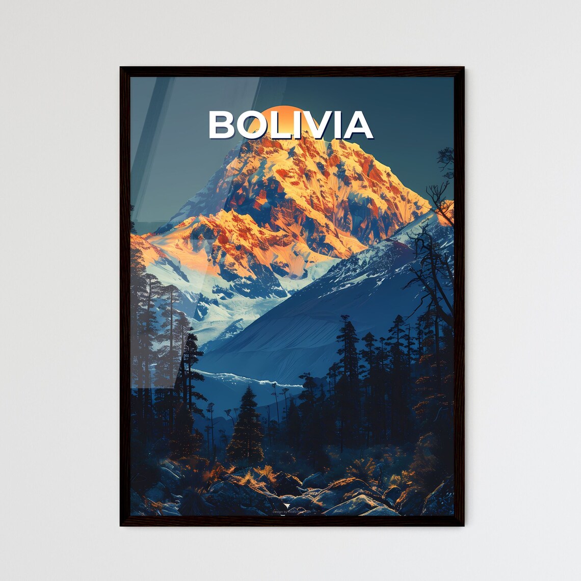 Bolivia Snowy Mountain Peak Sunset Pines Vintage Andes Travel Poster