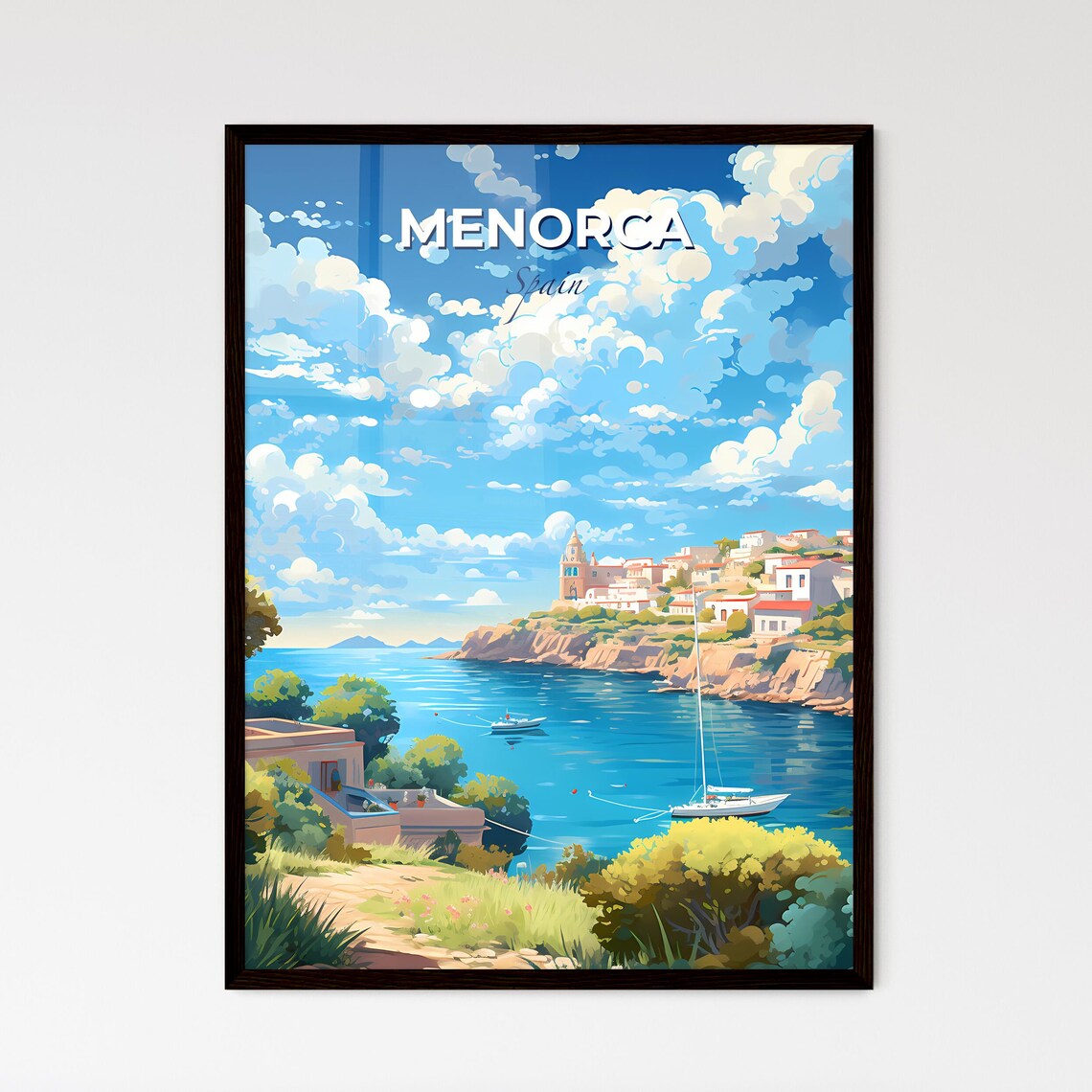 Menorca Spain Coastal Town Sailboat Harbor Blue Water Travel Poster