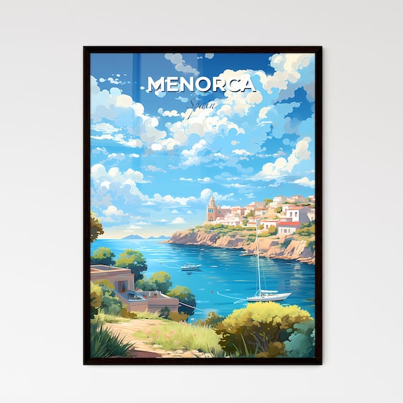 Menorca Spain Coastal Town Sailboat Harbor Blue Water Travel Poster