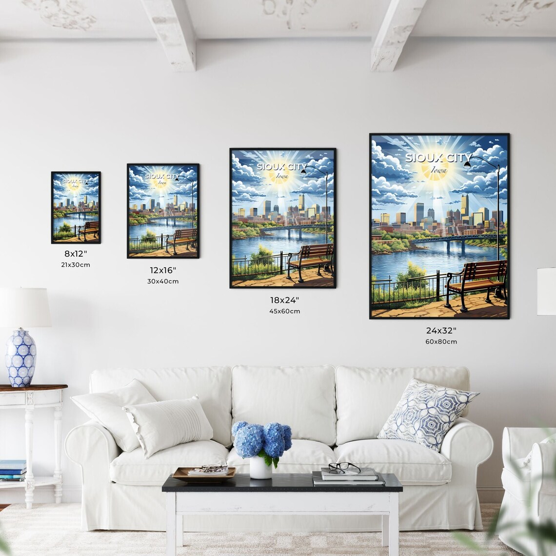 Vivid Sioux City Iowa Riverside Bench Skyline Sunburst Poster - Image 3