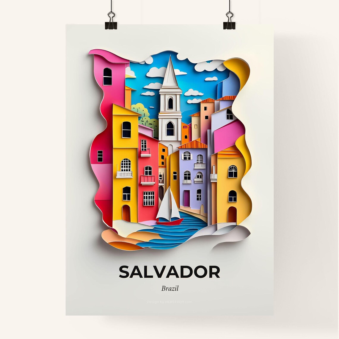 Salvador Brazil Colorful Paper Cut Colonial Street Travel Poster - Image 4
