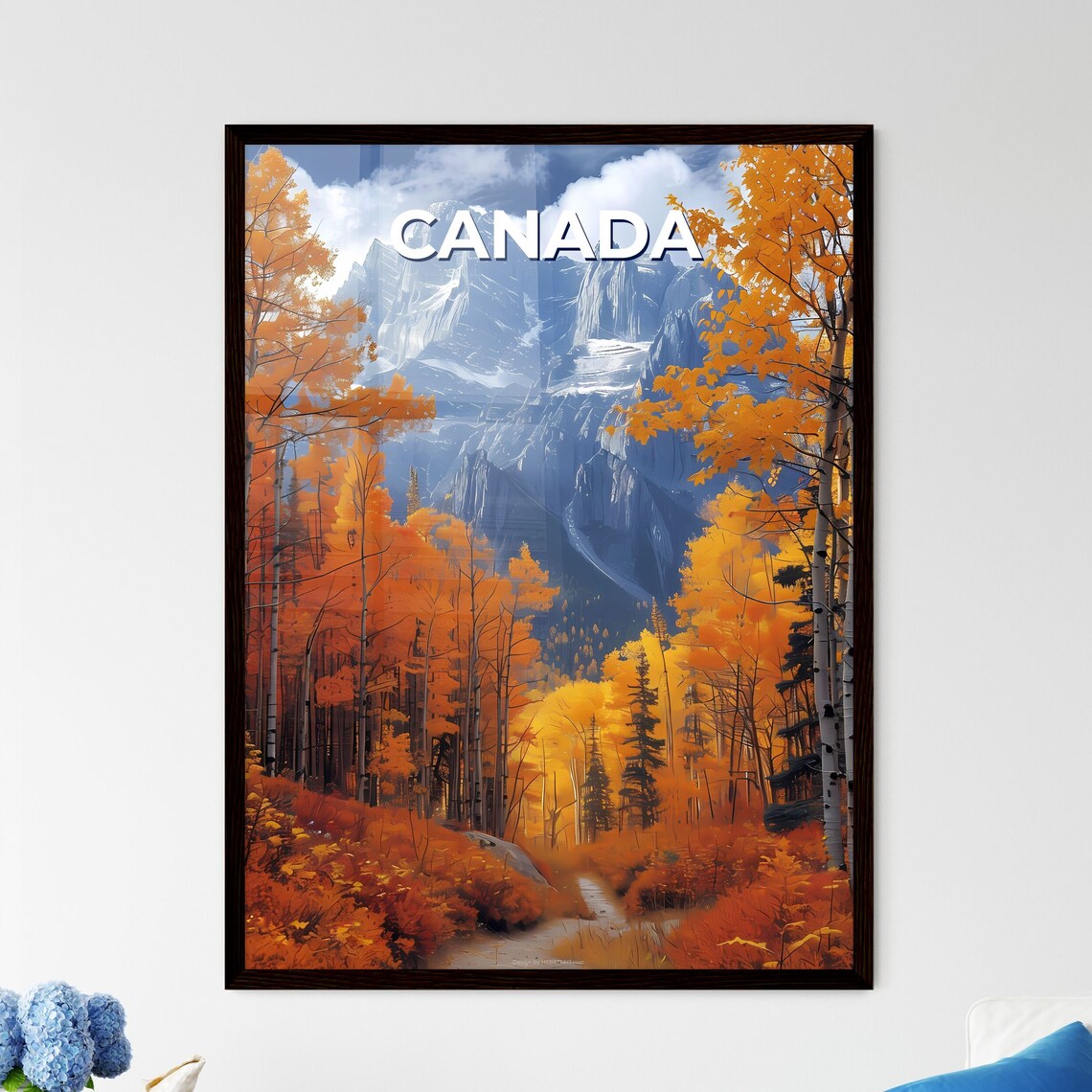 Canada Autumn Forest Golden Trees Snowy Peaks Vintage Travel Poster
