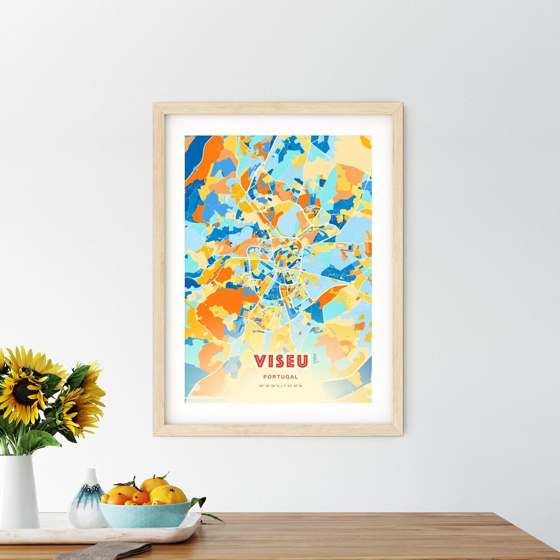 Viseu Portugal Blue Orange Vibrant Abstract City Map Art Poster - Image 2