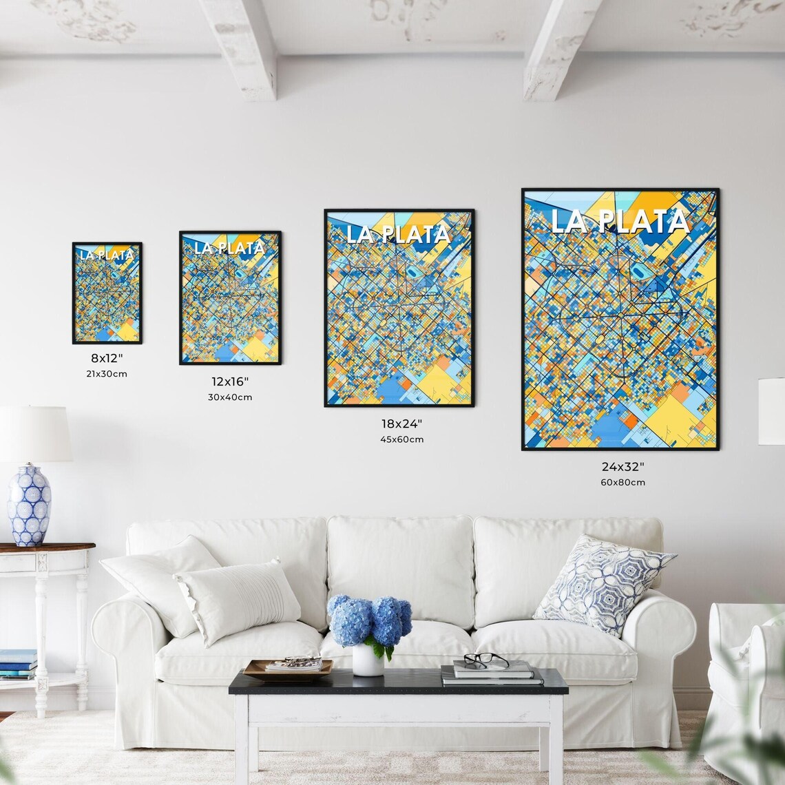 La Plata Argentina Stylish Vibrant Blue and Orange Mosaic City Map Poster - Image 3